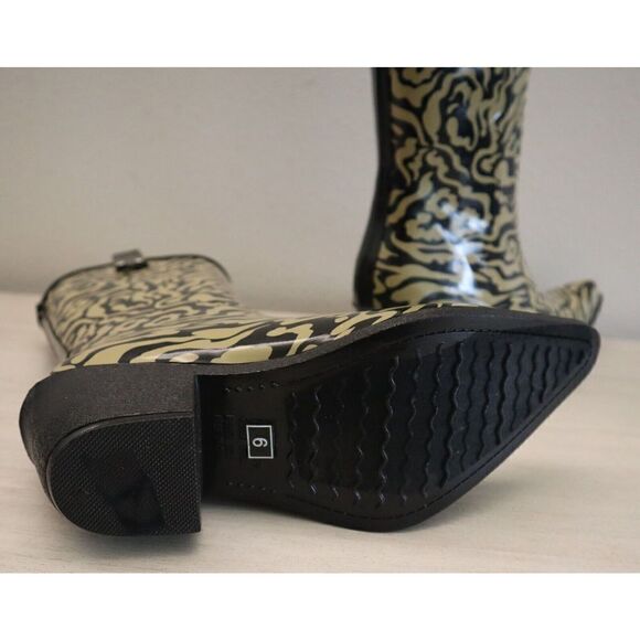 Nomad Women's Sz 6 Black/Tan Animal Print Yippy Pointy Toe Rubber Rain Boots - Picture 8 of 8
